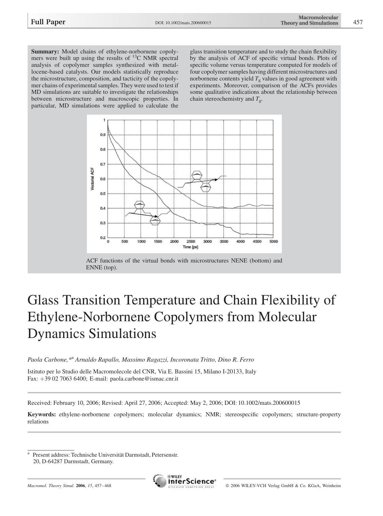 Glass Transition Temperature and Chain Flexibility of Ethylene-Norbornene Copolymers from Molecular Dynamics Simulations by Unknown