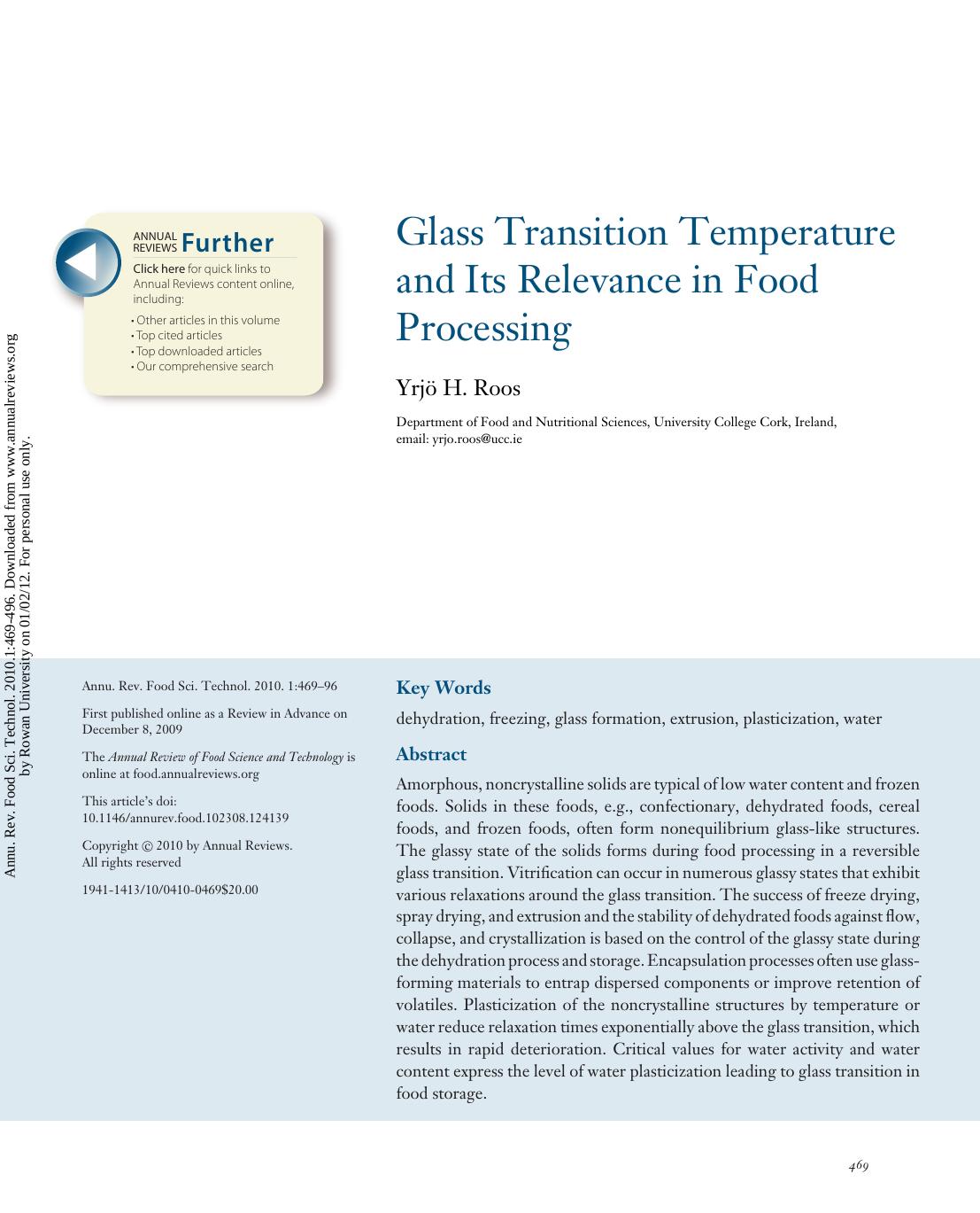 Glass Transition Temperature and Its Relevance in Food Processing by Yrjö H. Roos