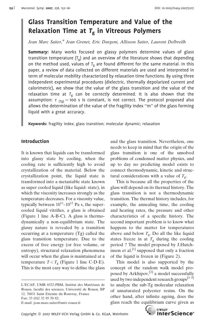 Glass Transition Temperature and Value of the Relaxation Time at Tg in Vitreous Polymers by Unknown