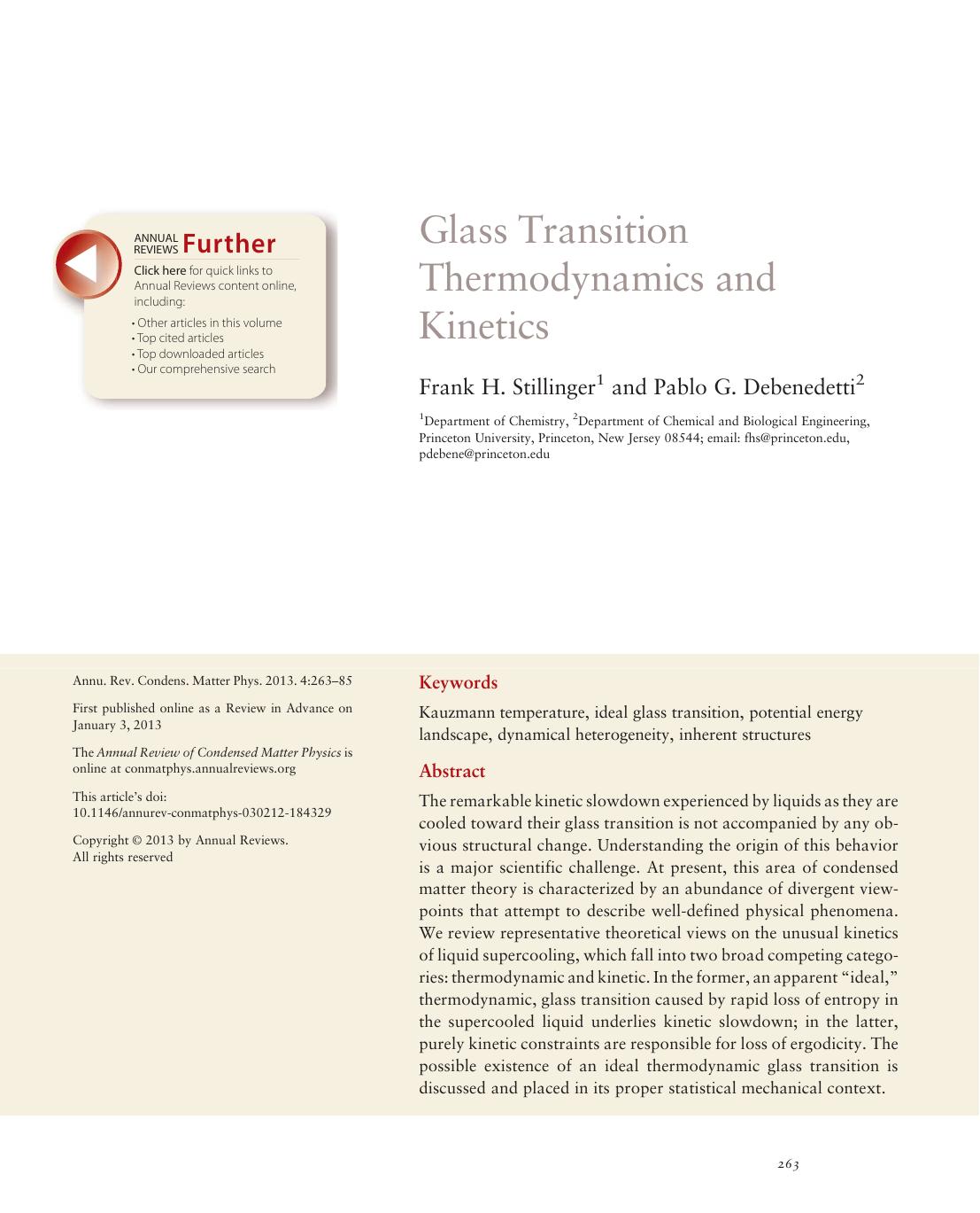 Glass Transition Thermodynamics and Kinetics by Frank H. Stillinger and Pablo G. Debenedetti