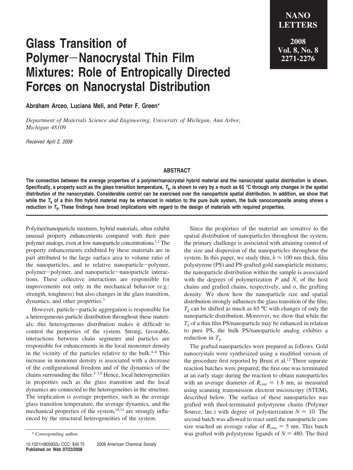 Glass Transition of Polymer-Nanocrystal Thin Film Mixtures Role of Entropically Directed Forces on Nanocrystal Distribution by Unknown