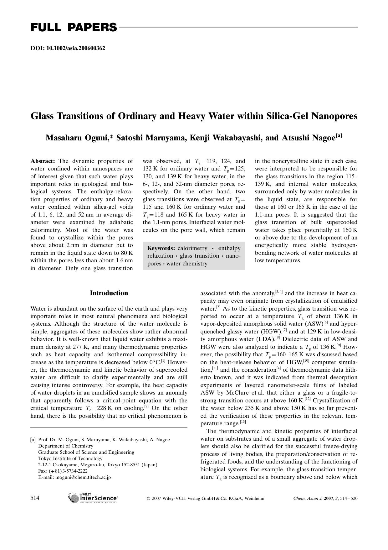 Glass Transitions of Ordinary and Heavy Water within Silica-Gel Nanopores by Unknown