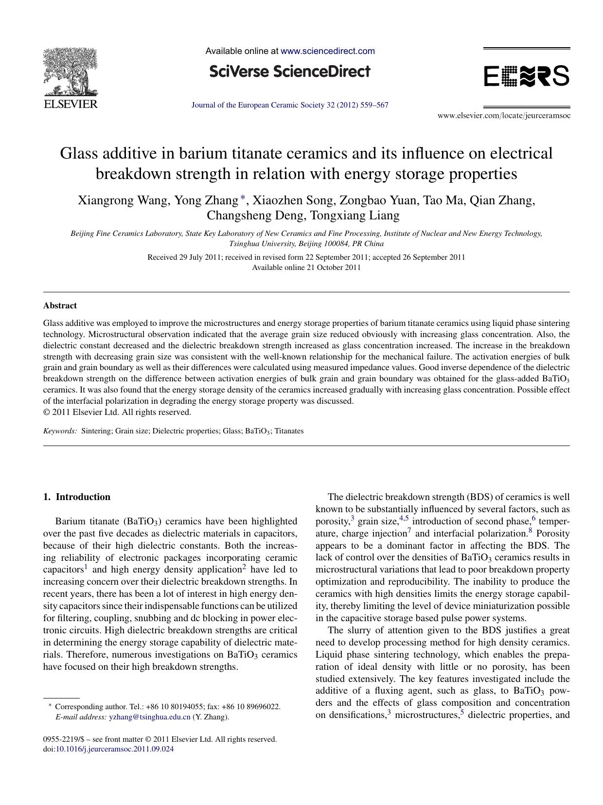 Glass additive in barium titanate ceramics and its influence on electrical breakdown strength in relation with energy storage properties by Xiangrong Wang