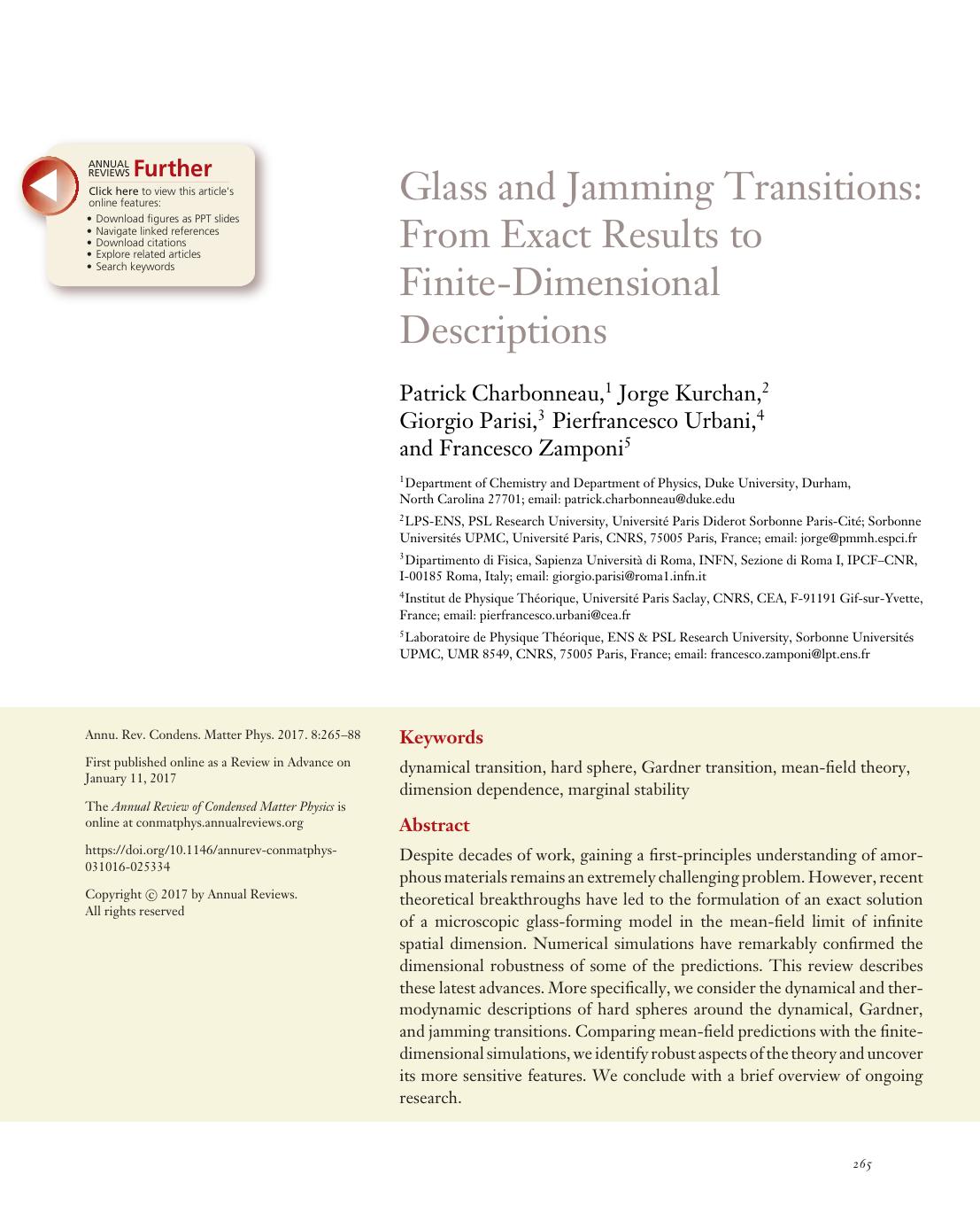 Glass and Jamming Transitions: From Exact Results to Finite-Dimensional Descriptions by Patrick Charbonneau Jorge Kurchan Giorgio Parisi Pierfrancesco Urbani Francesco Zamponi