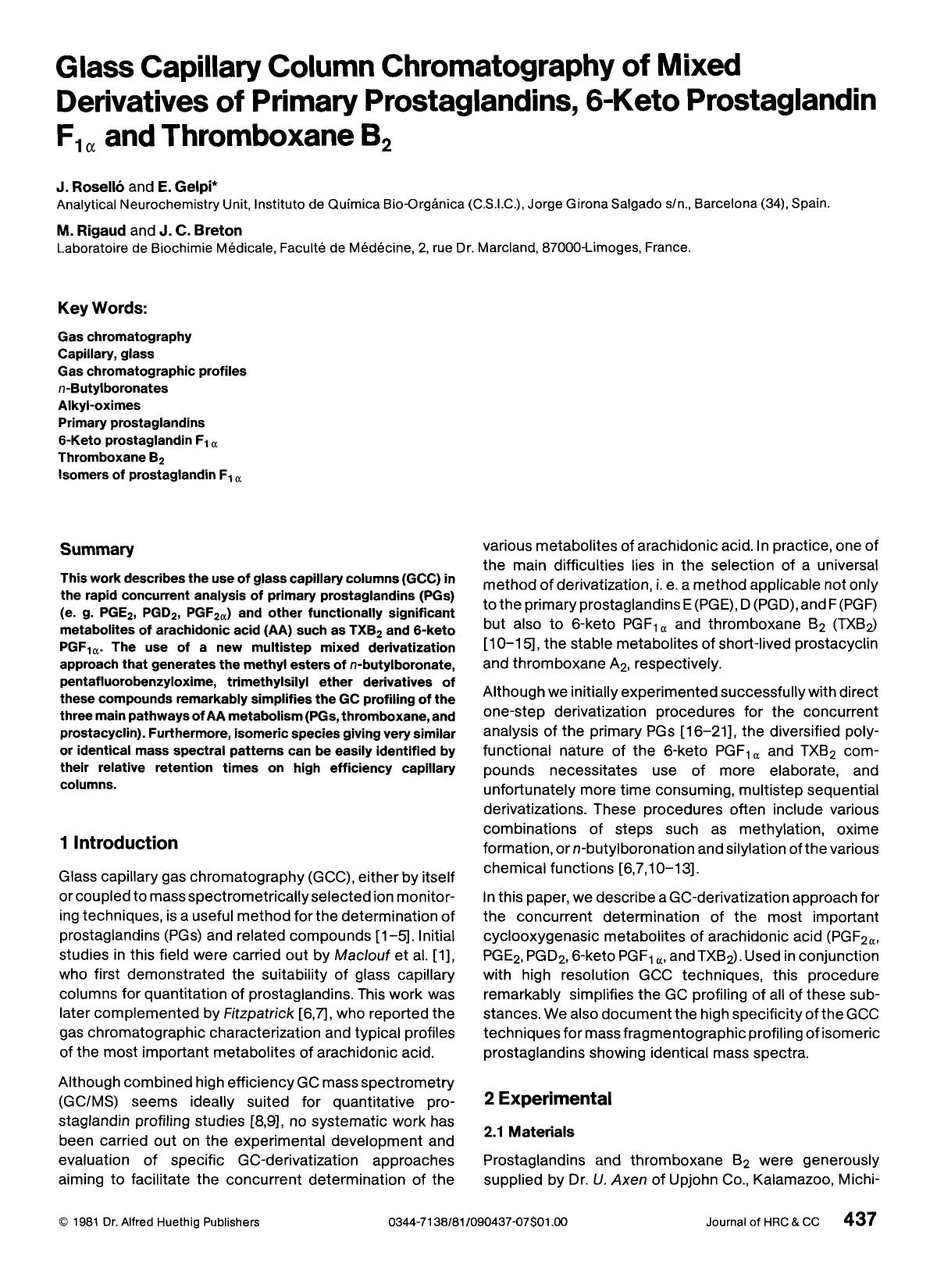 Glass capillary column chromatography of mixed derivatives of primary prostaglandins, 6-keto prostaglandin F1[alpha] and thromboxane B2 by Unknown