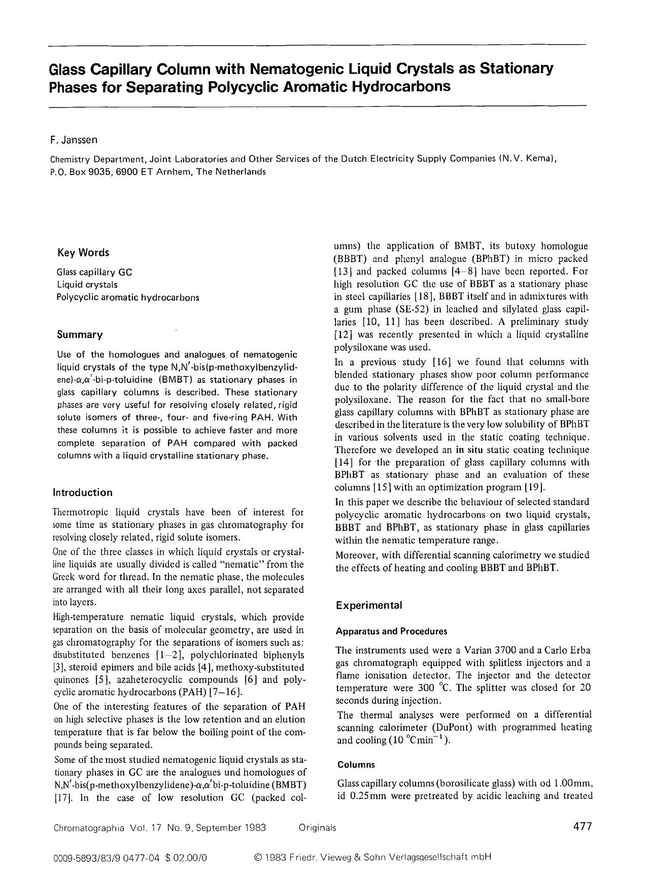 Glass capillary column with nematogenic liquid crystals as stationary phases for separating polycyclic aromatic hydrocarbons by Unknown