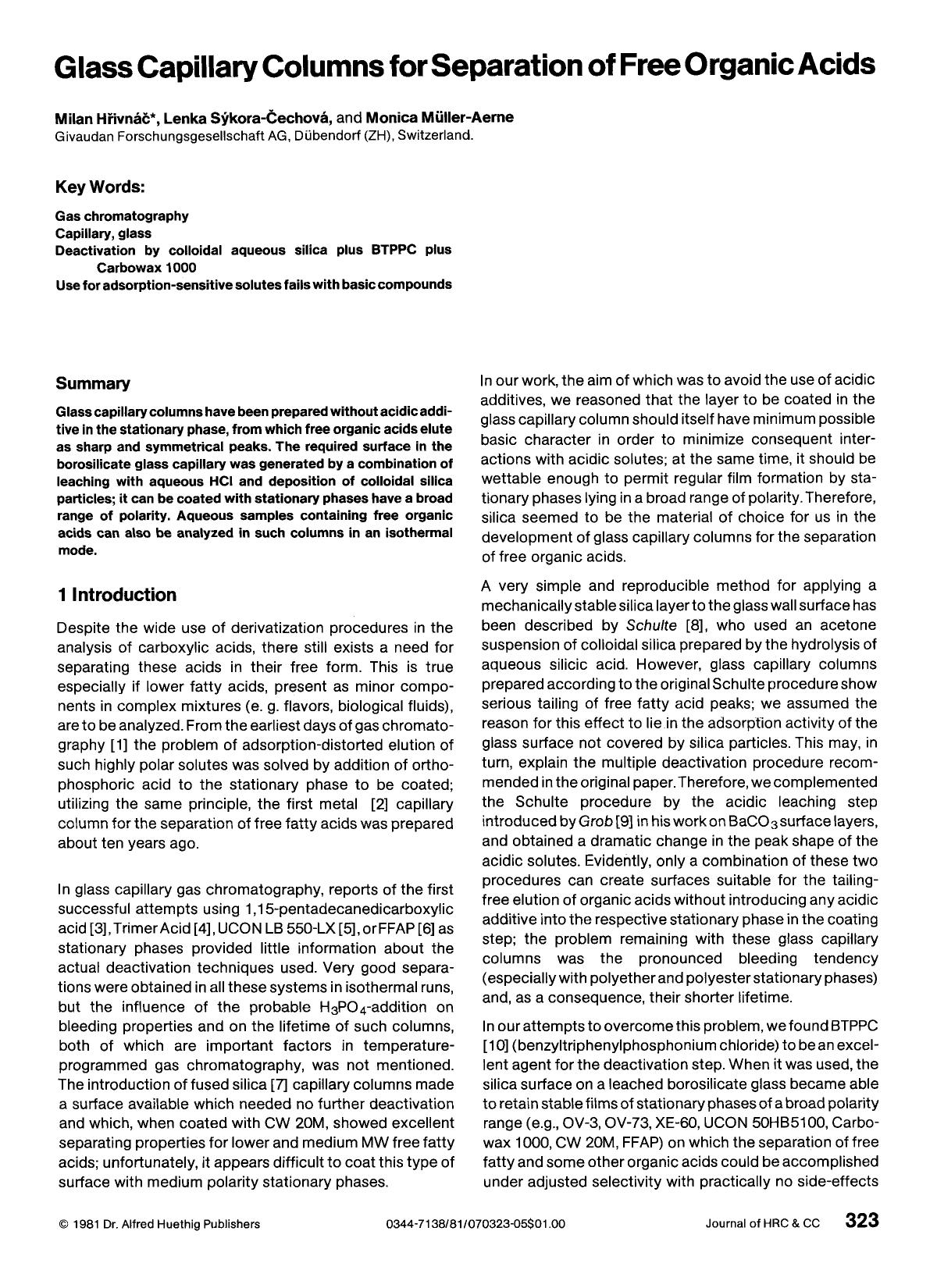 Glass capillary columns for separation of free organic acids by Unknown