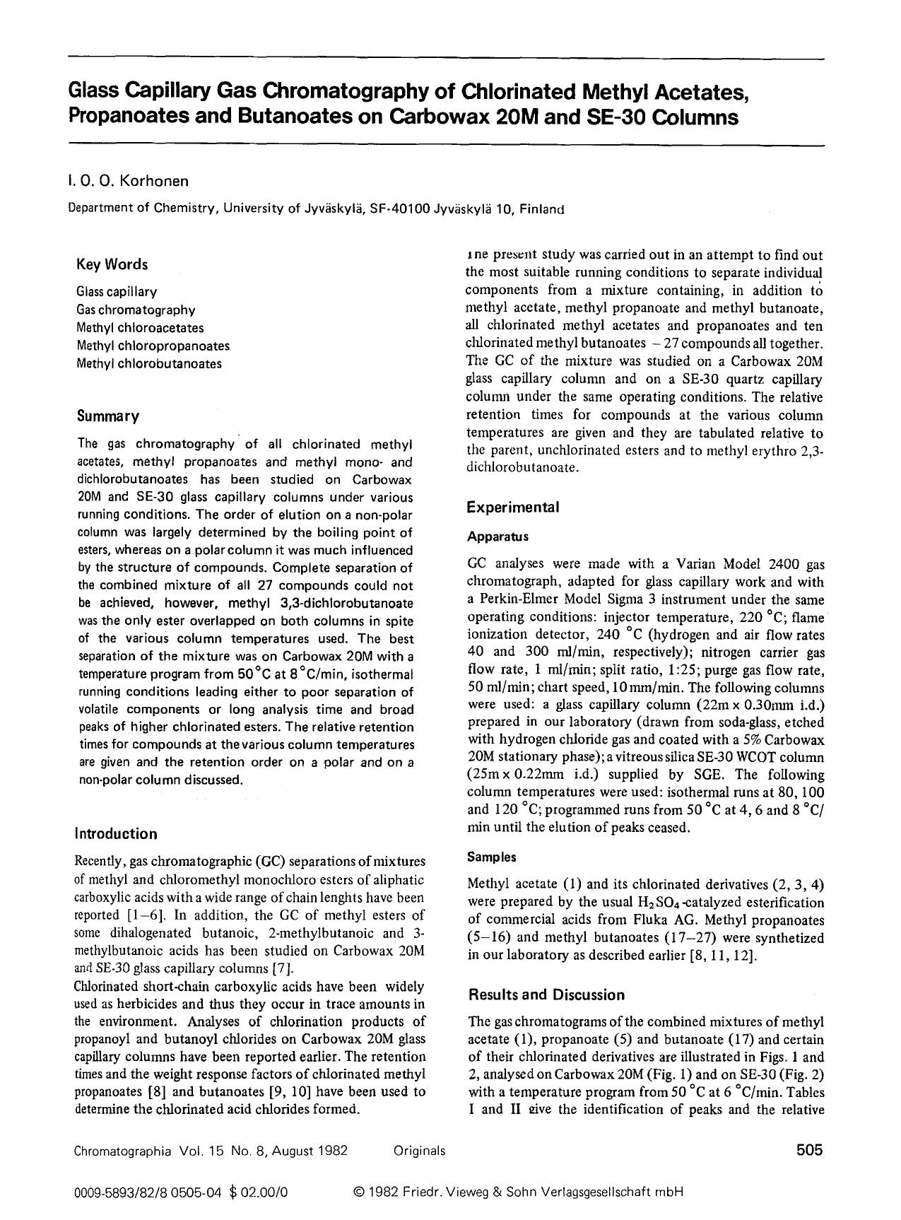 Glass capillary gas chromatography of chlorinated methyl acetates, propanoates and butanoates on Carbowax 20M and SE-30 columns by Unknown