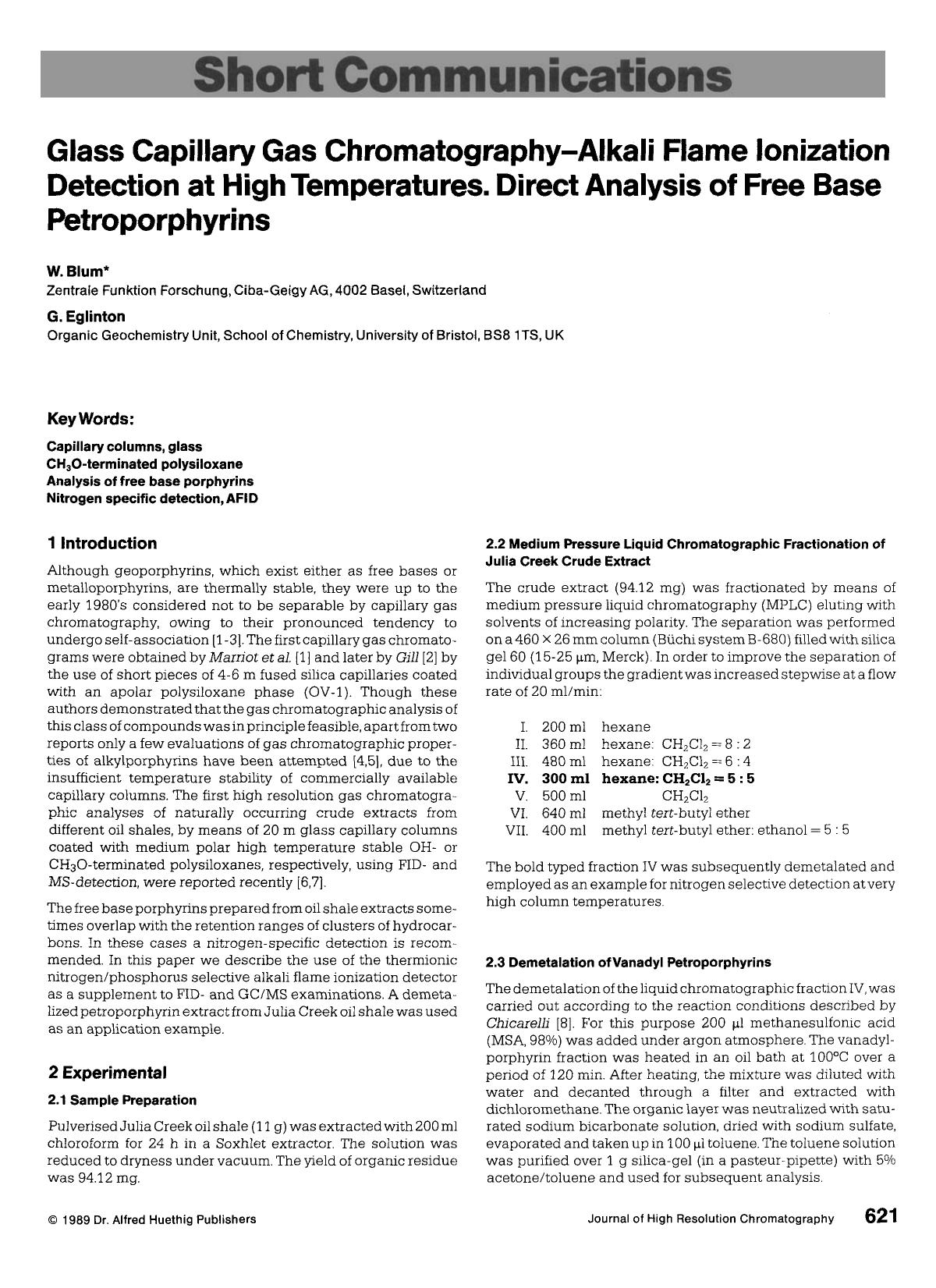Glass capillary gas chromatography-alkali flame ionization detection at high temperatures. Direct analysis of free base petroporphyrins by Unknown