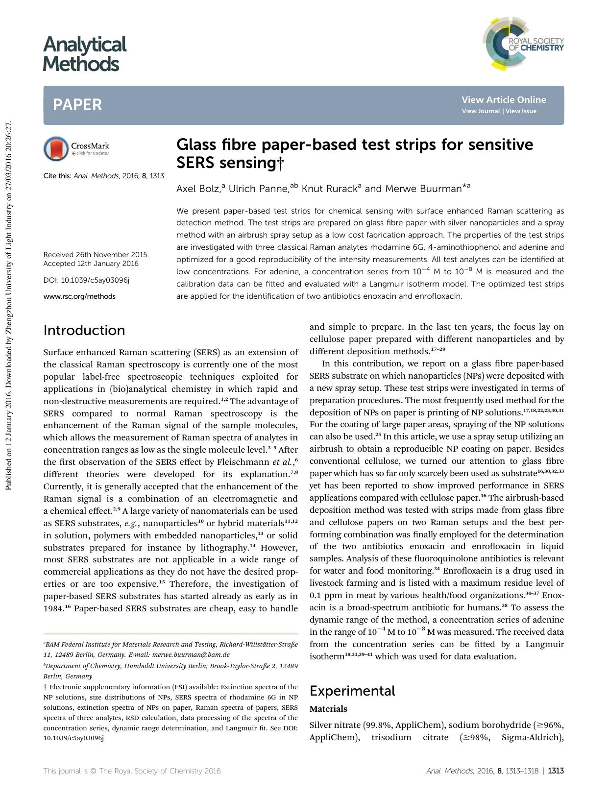 Glass fibre paper-based test strips for sensitive SERS sensing by Axel Bolz & Ulrich Panne & Knut Rurack & Merwe Buurman
