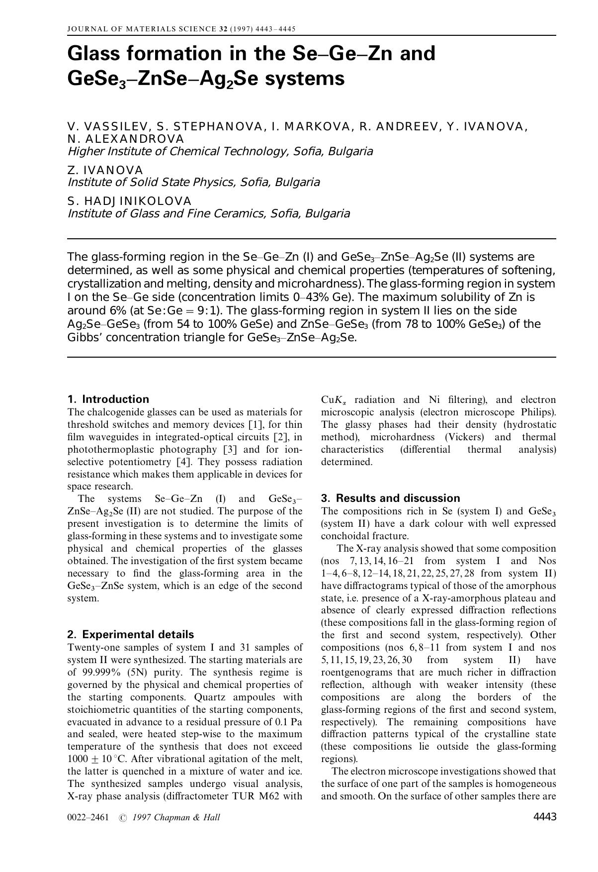 Glass formation in the Se–Ge–Zn and GeSe3–ZnSe–Ag2Se systems by Unknown