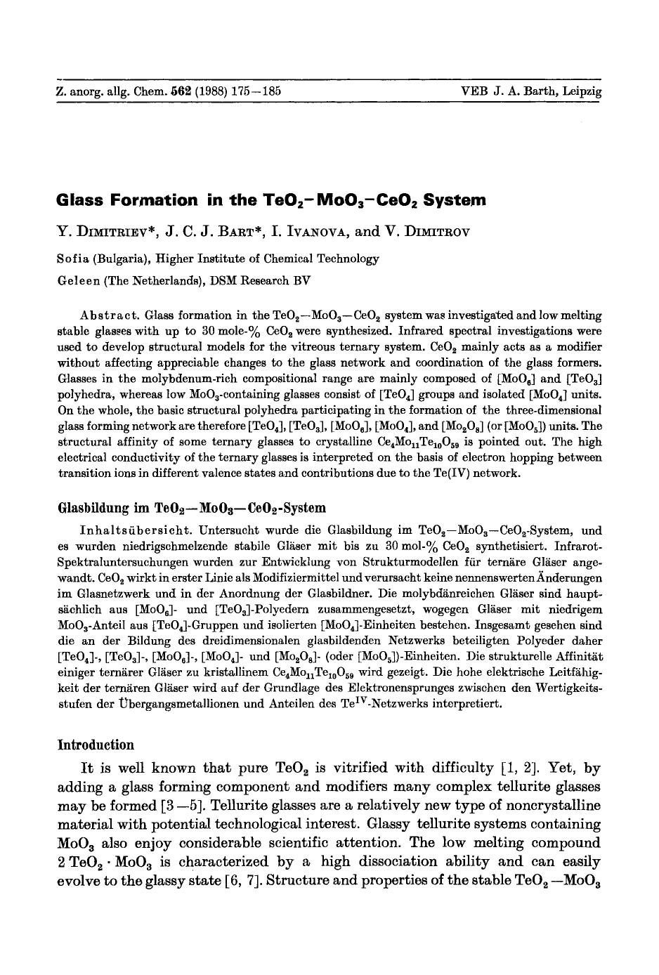 Glass formation in the TeO2[bond]MoO3[bond]CeO2 System by Unknown