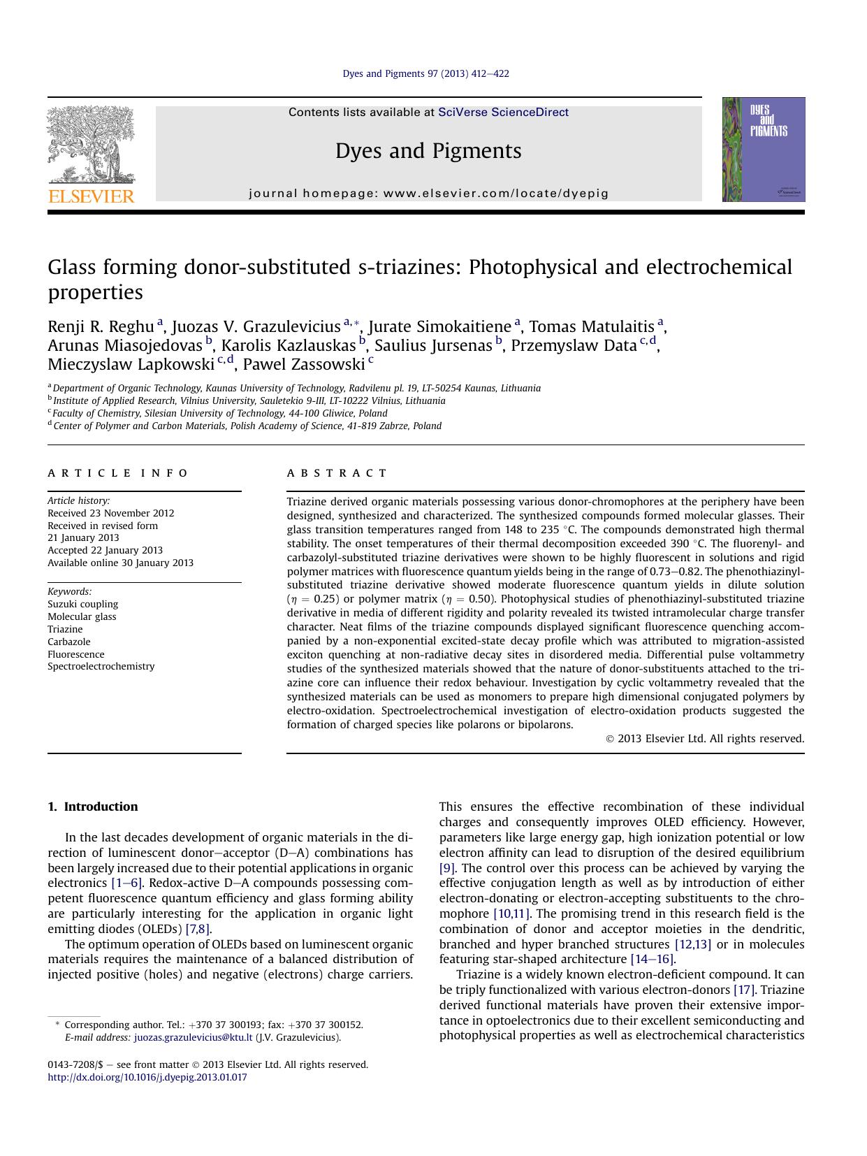 Glass forming donor-substituted s-triazines: Photophysical and electrochemical properties by unknow