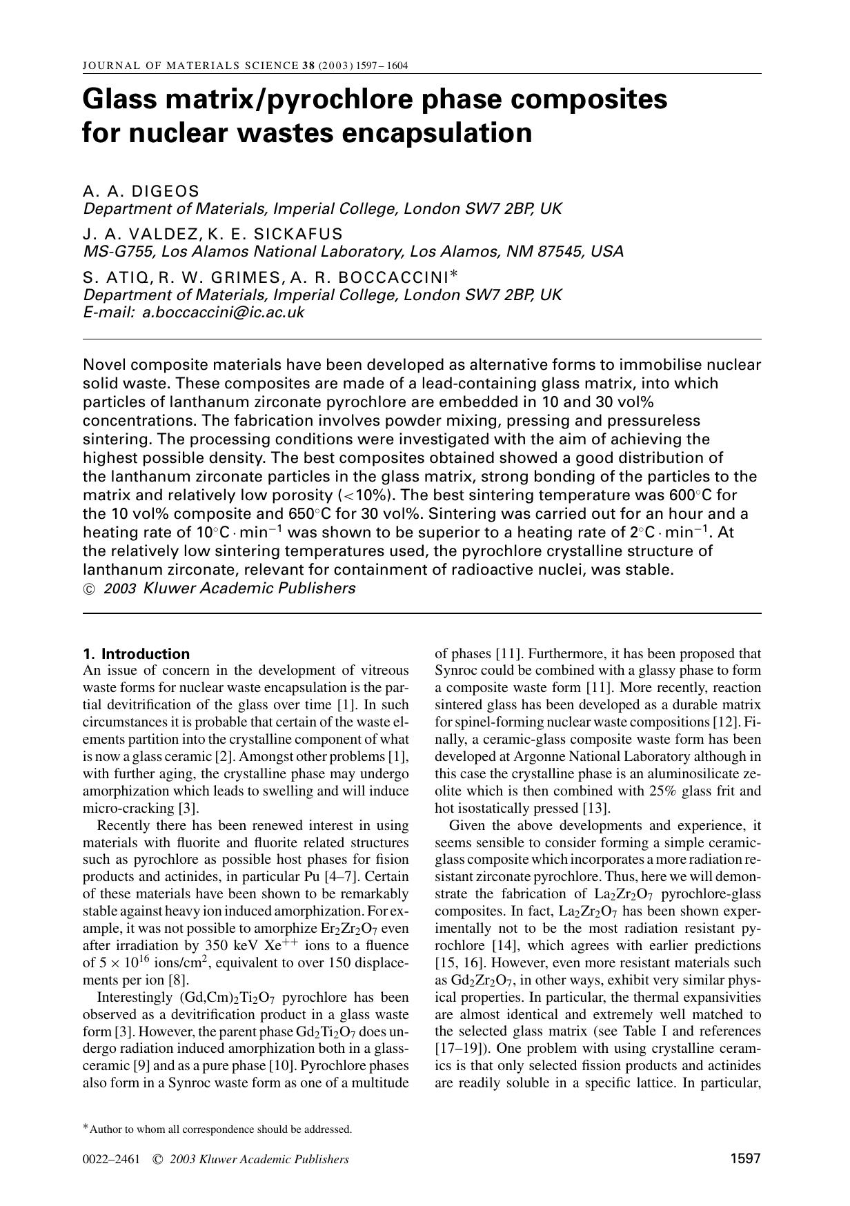 Glass matrixpyrochlore phase composites for nuclear wastes encapsulation by Unknown