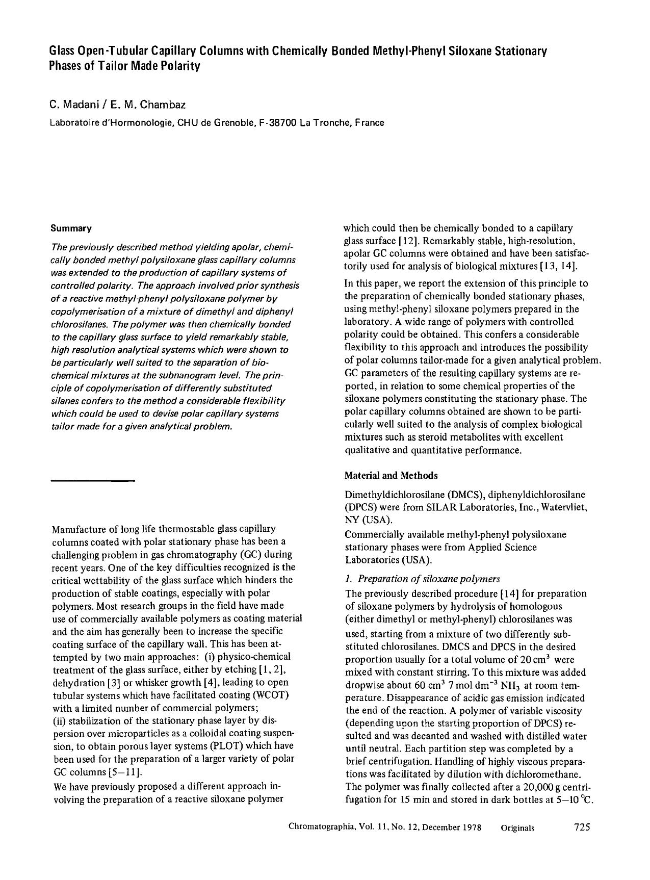 Glass open-tubular capillary columns with chemically bonded methyl-phenyl siloxane stationary phases of tailor made polarity by Unknown