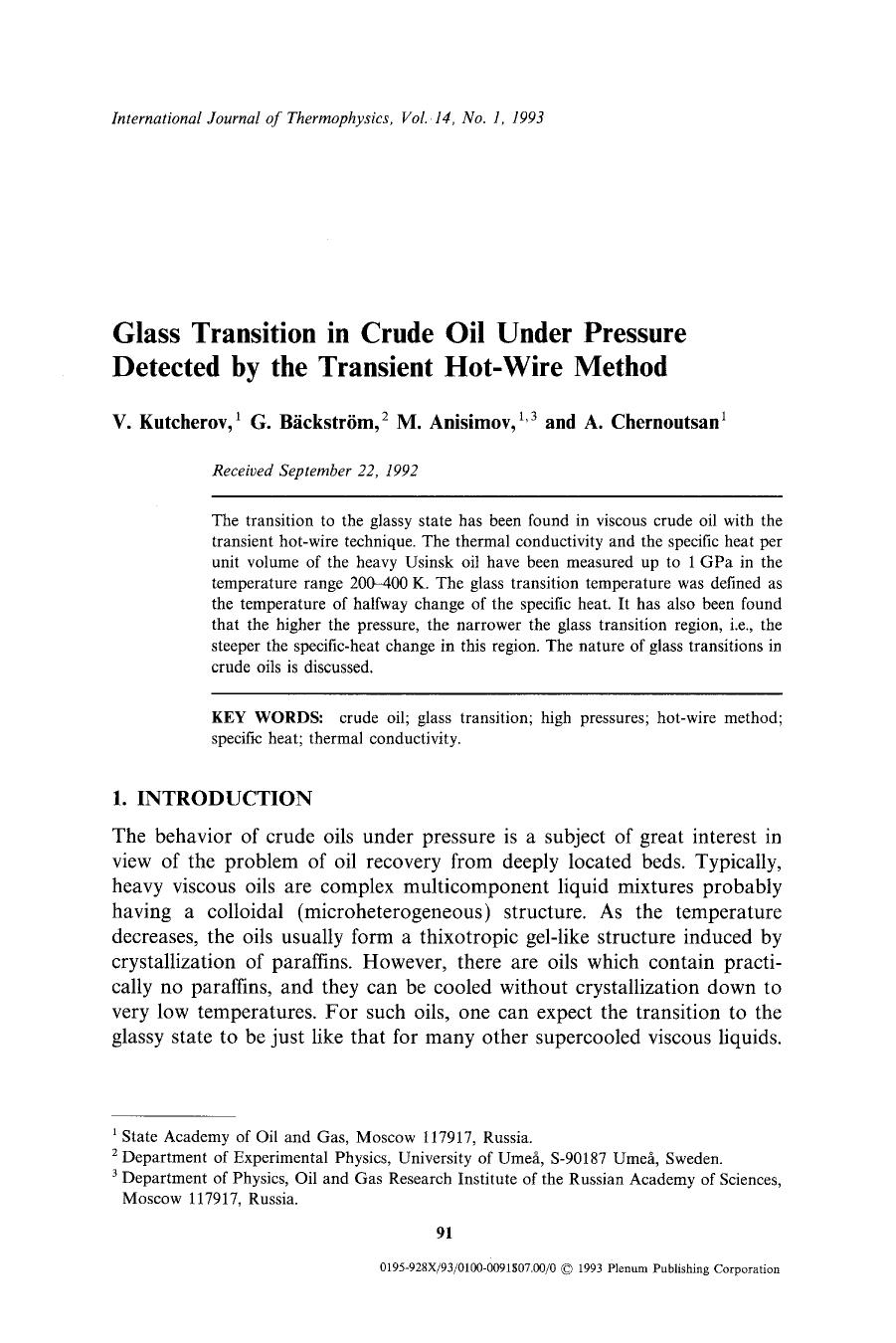 Glass transition in crude oil under pressure detected by the transient hot-wire method by Unknown