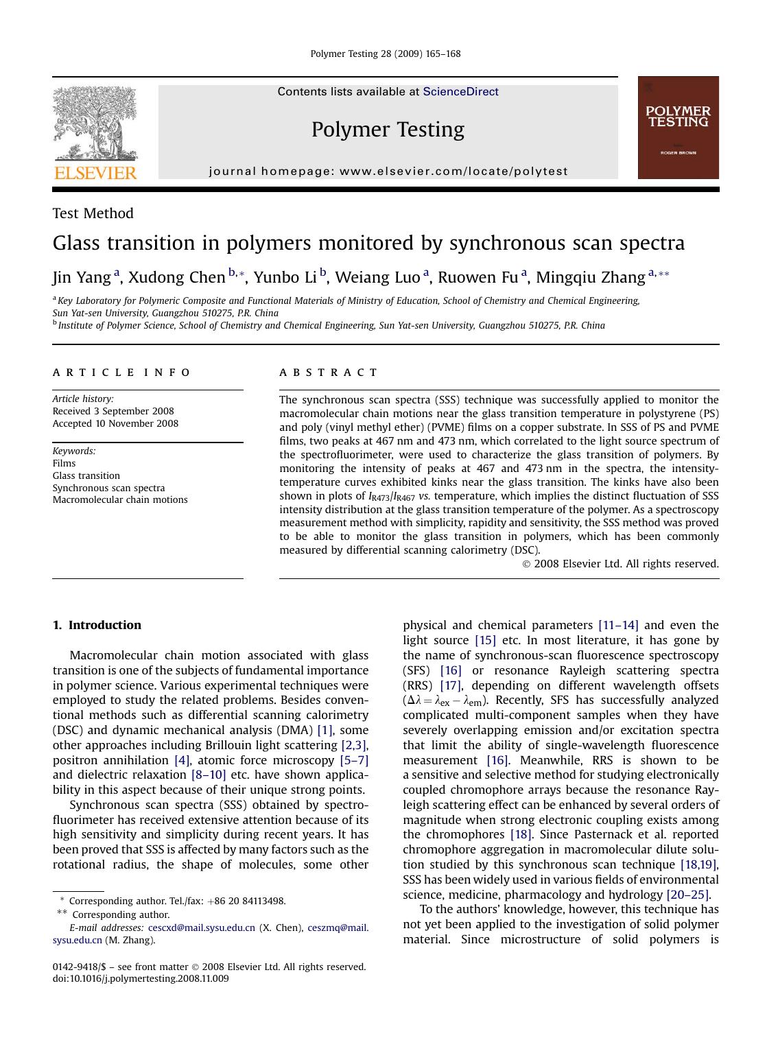 Glass transition in polymers monitored by synchronous scan spectra by Jin Yang; Xudong Chen; Yunbo Li; Weiang Luo; Ruowen Fu; Mingqiu Zhang