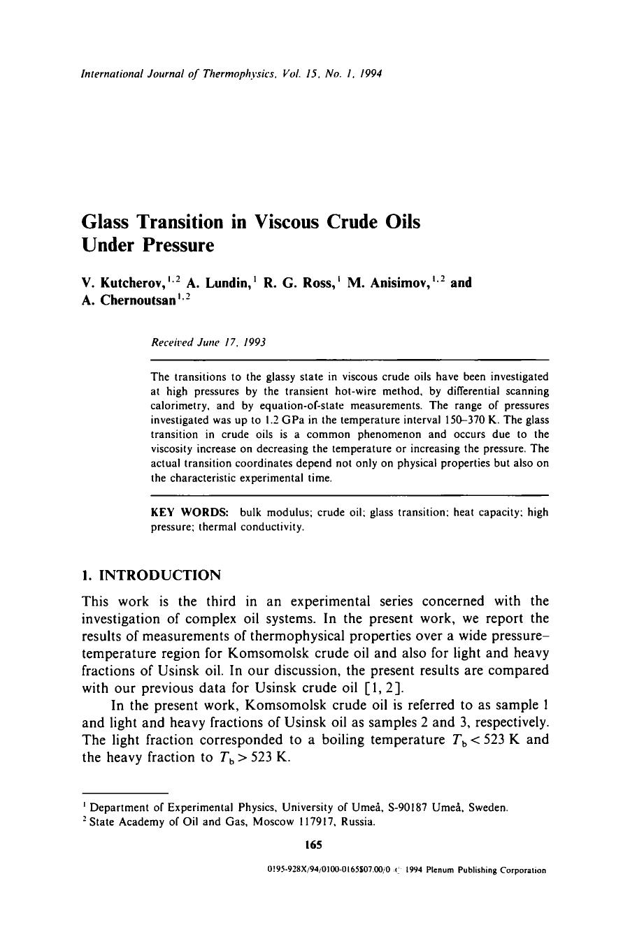 Glass transition in viscous crude oils under pressure by Unknown