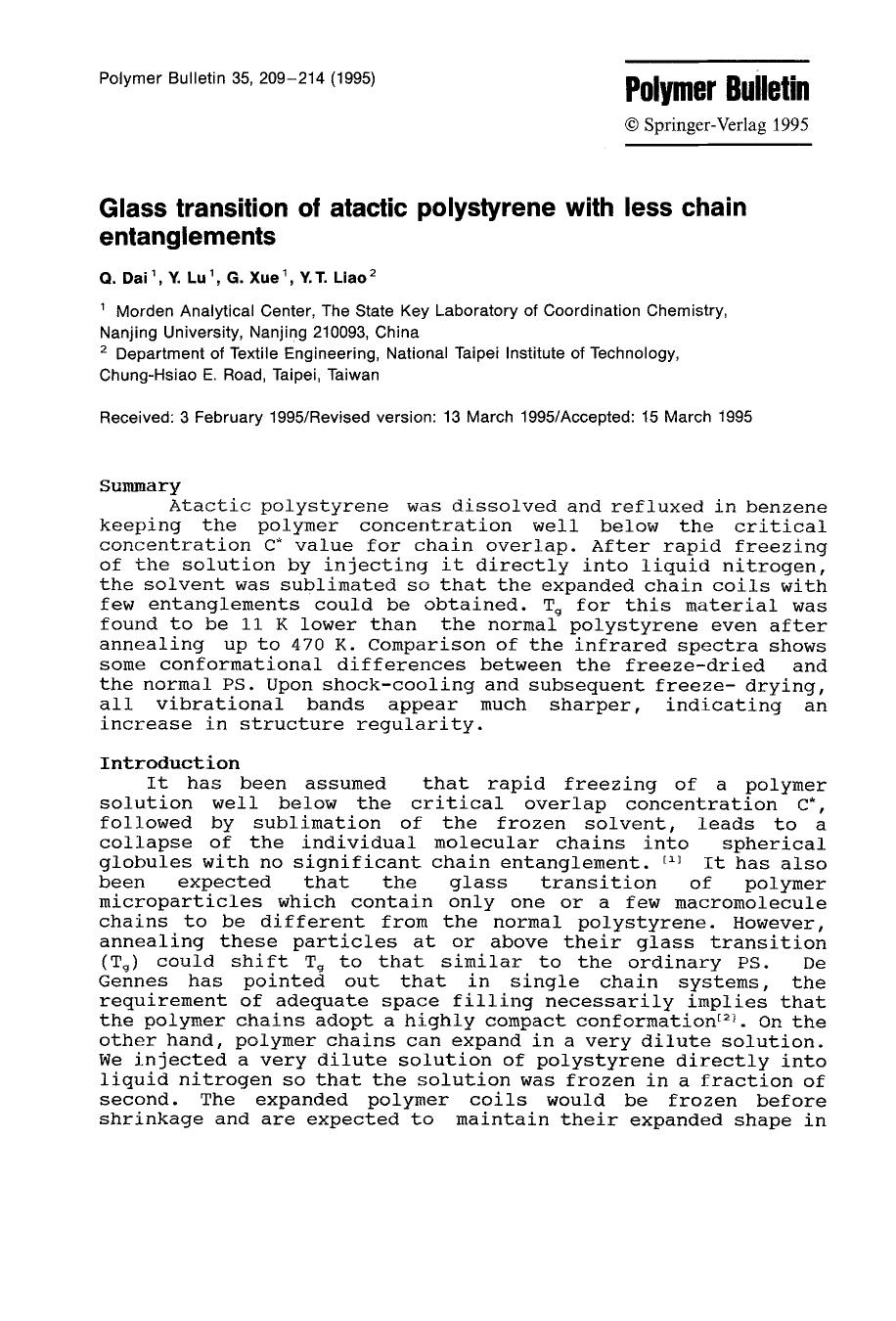 Glass transition of atactic polystyrene with less chain entanglements by Unknown