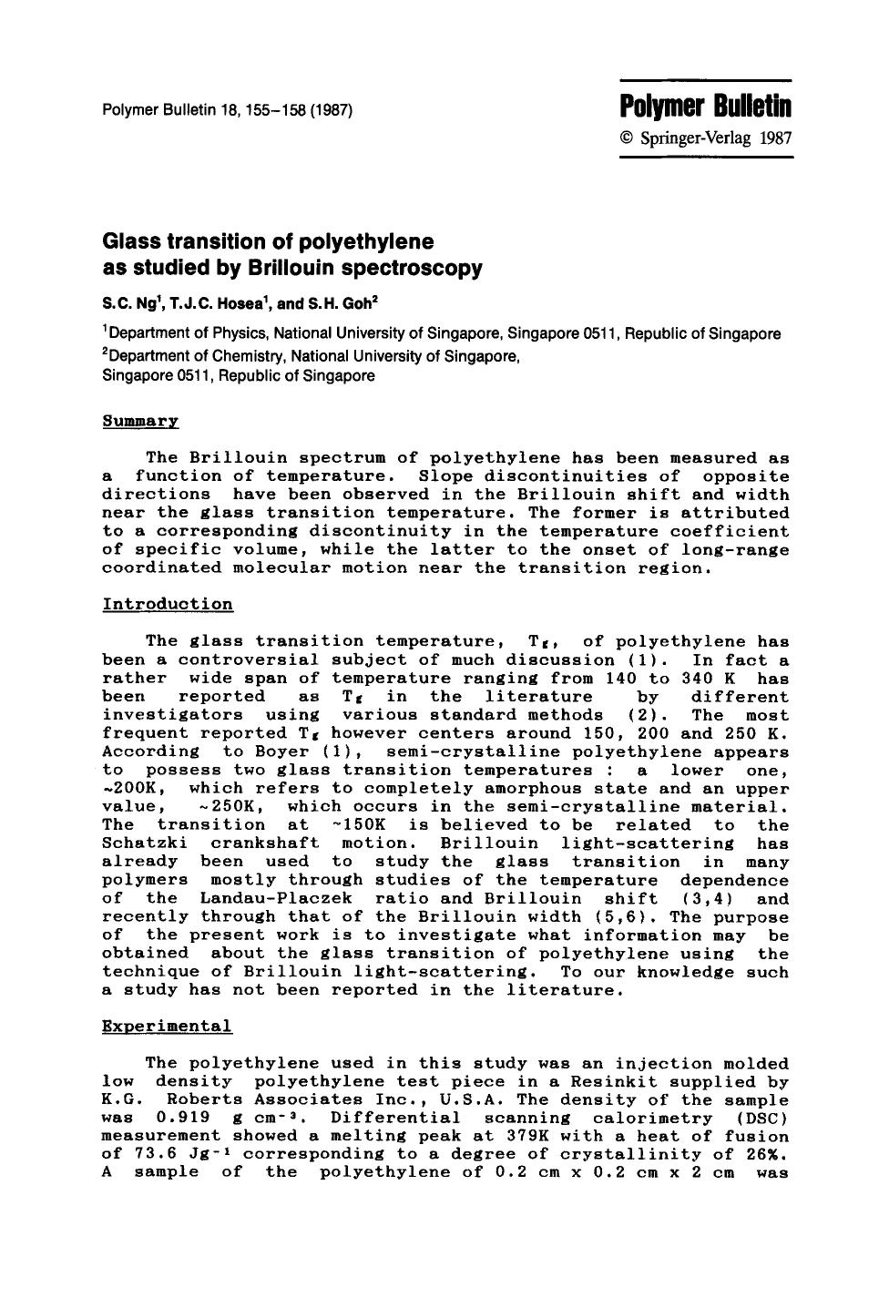 Glass transition of polyethylene as studied by Brillouin spectroscopy by Unknown