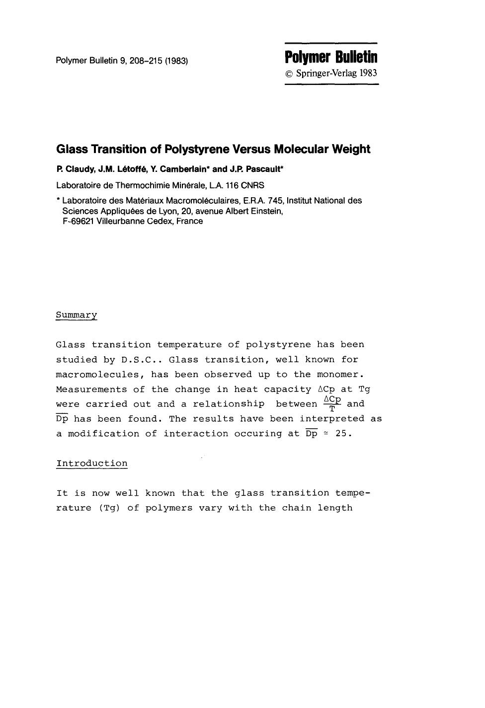 Glass transition of polystyrene versus molecular weight by Unknown