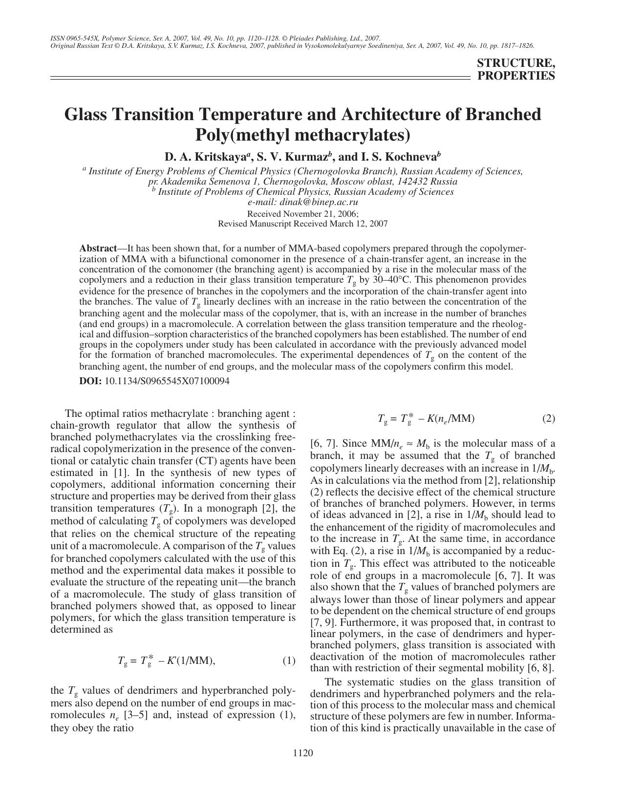 Glass transition temperature and architecture of branched poly(methyl methacrylates) by Unknown