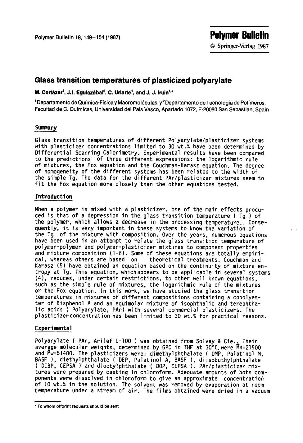 Glass transition temperatures of plasticized polyarylate by Unknown