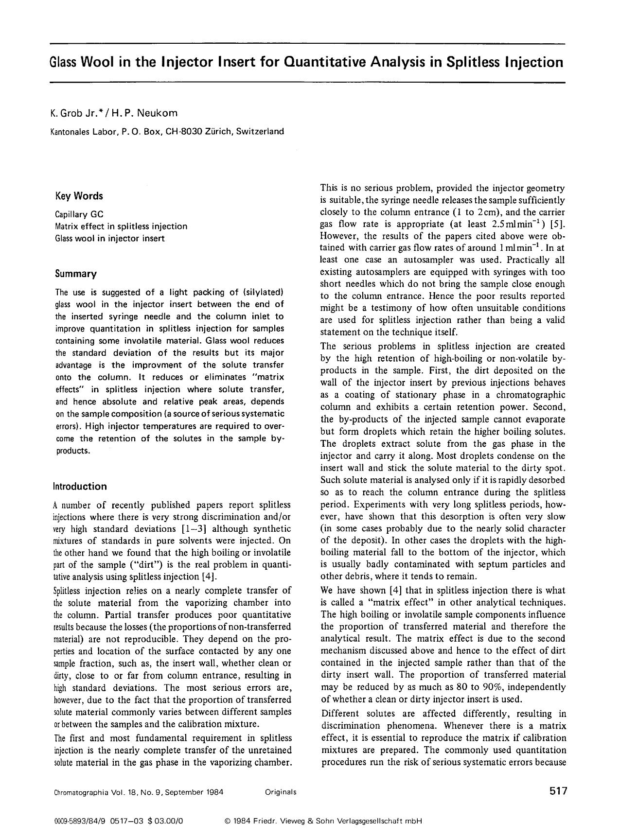 Glass wool in the injector insert for quantitative analysis in splitless injection by Unknown