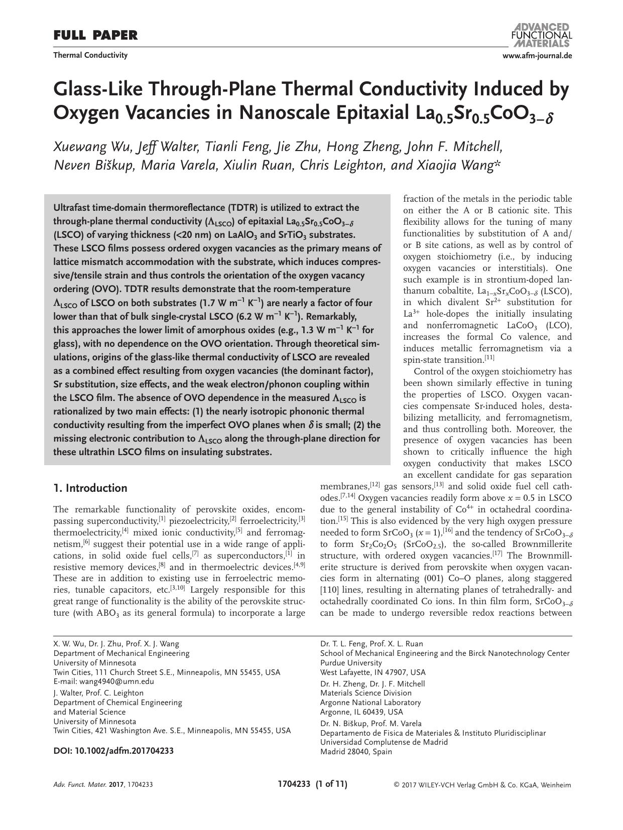 Glass‐Like Through‐Plane Thermal Conductivity Induced by Oxygen Vacancies in Nanoscale Epitaxial La0.5Sr0.5CoO3−δ by Unknown