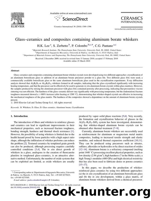 GlassÃ¢â¬âceramics and composites containing aluminum borate whiskers by H.K. Lee; S. Zerbetto; P. Colombo; C.G. Pantano