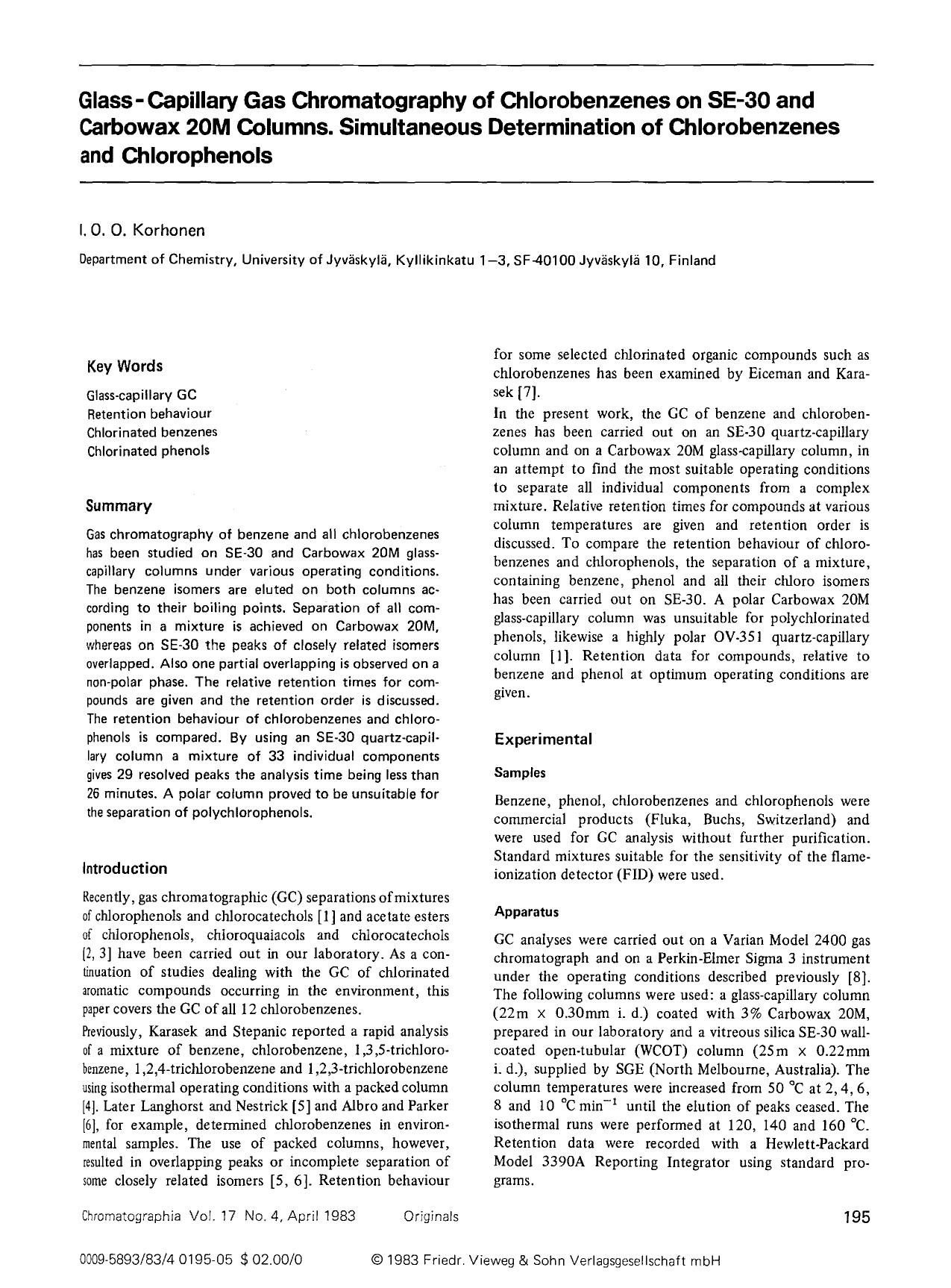 Glass-capillary gas chromatography of chlorobenzenes on SE-30 and Carbowax 20M columns. Simultaneous determination of chlorobenzenes and chlorophenols by Unknown