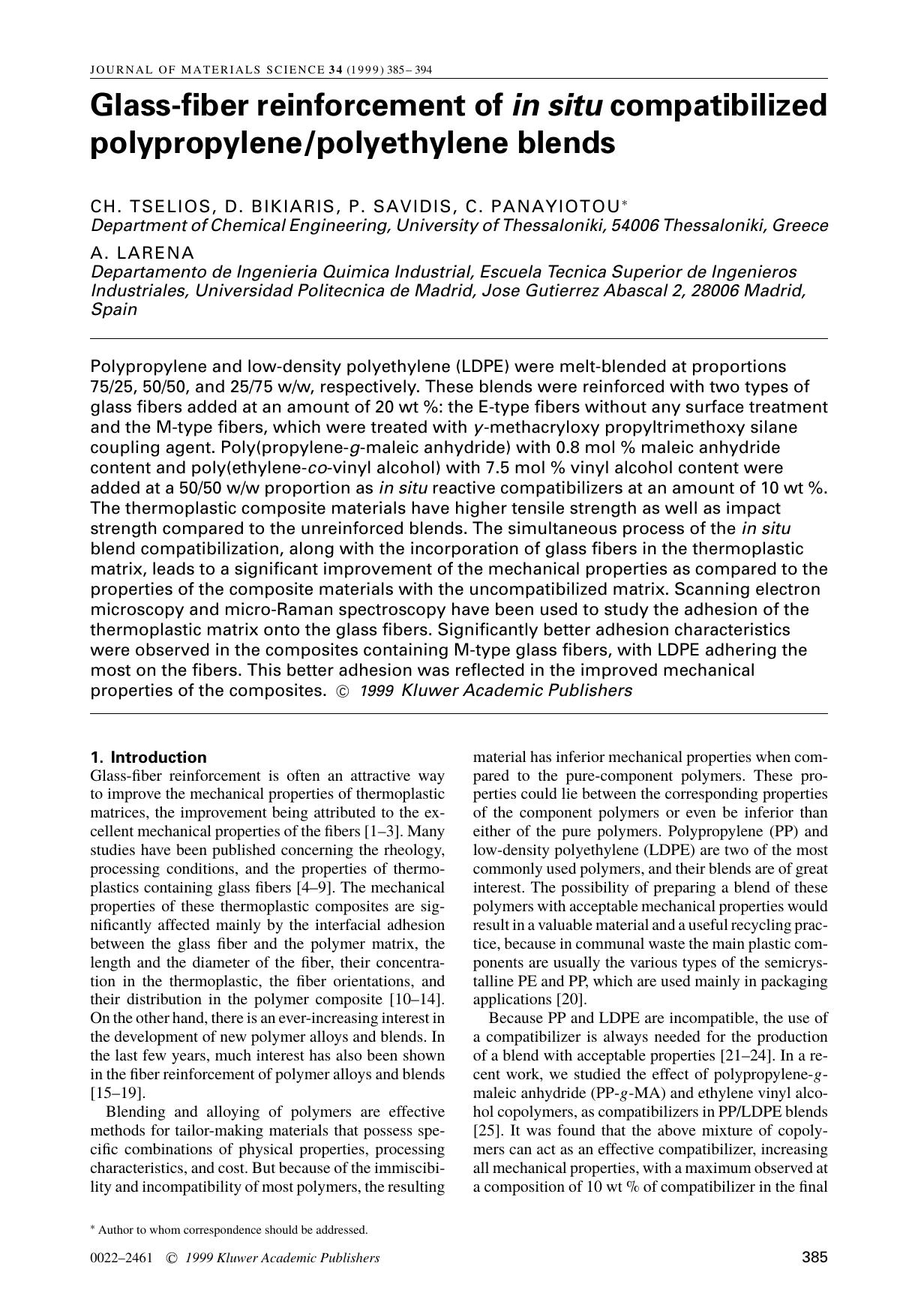 Glass-fiber reinforcement of in situ compatibilized polypropylenepolyethylene blends by Unknown