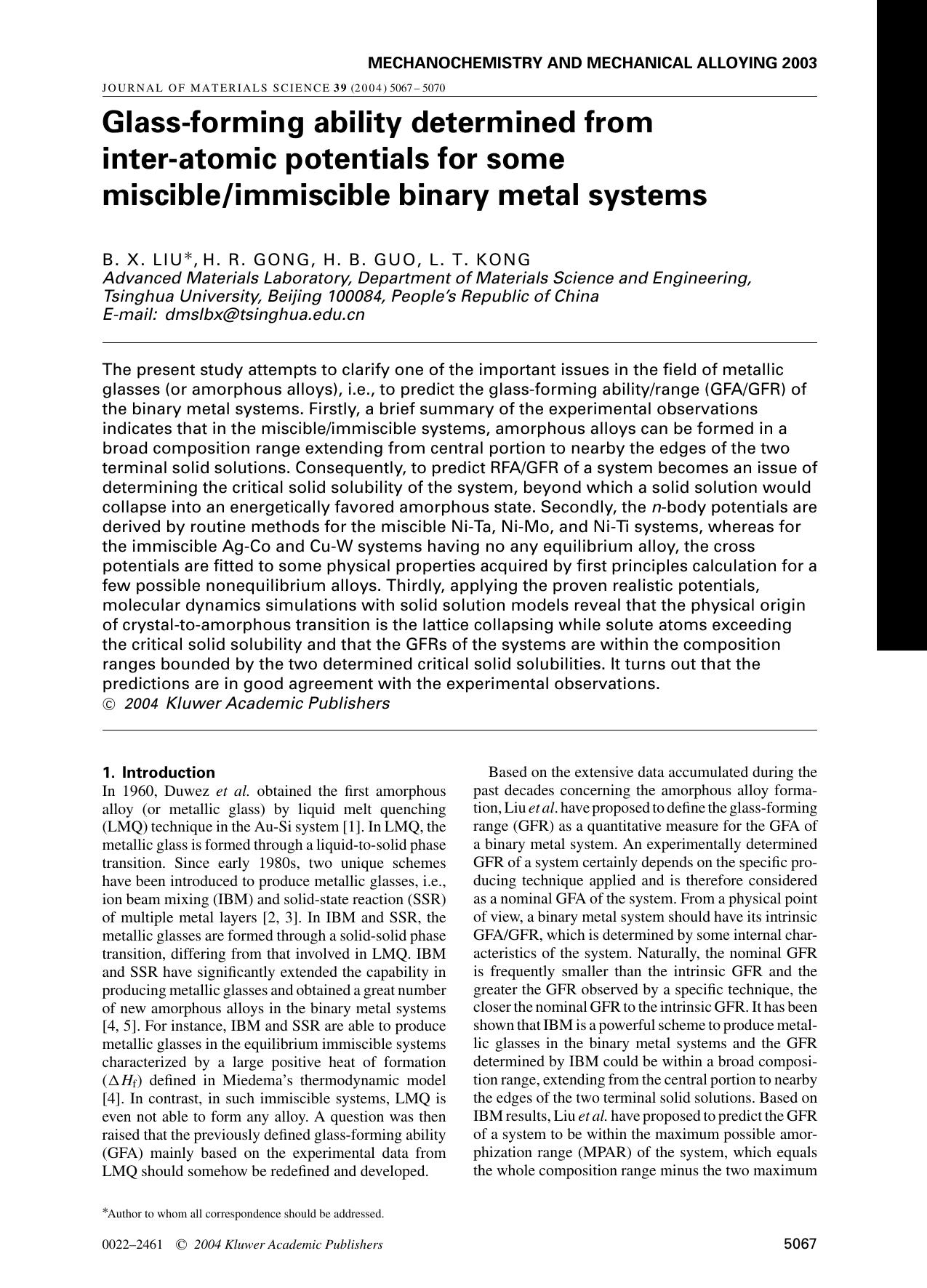 Glass-forming ability determined from inter-atomic potentials for some miscibleimmiscible binary metal systems by Unknown