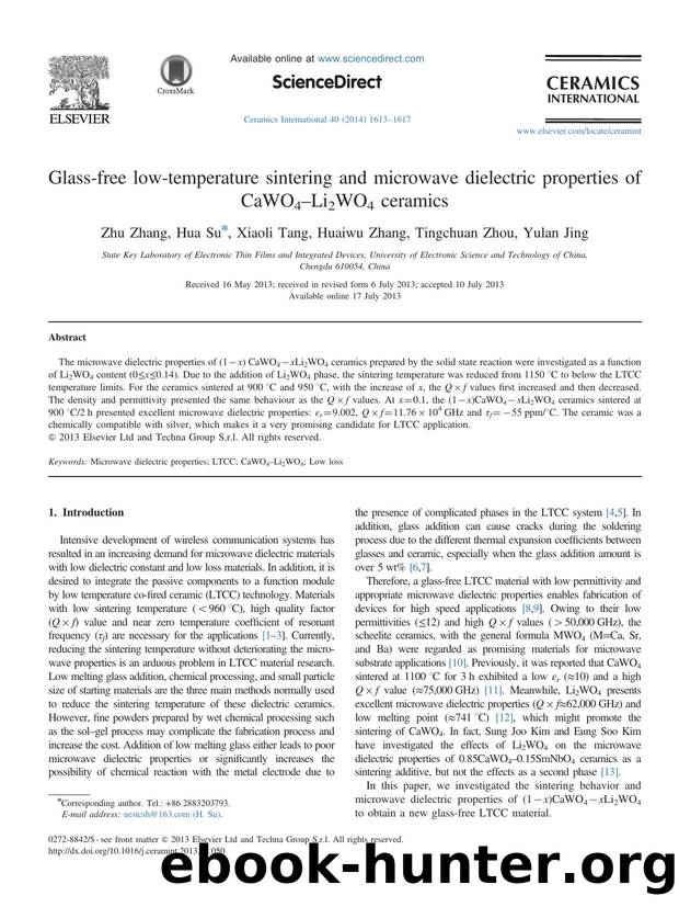 Glass-free low-temperature sintering and microwave dielectric properties of CaWO4âLi2WO4 ceramics by Zhu Zhang & Hua Su & Xiaoli Tang & Huaiwu Zhang & Tingchuan Zhou & Yulan Jing