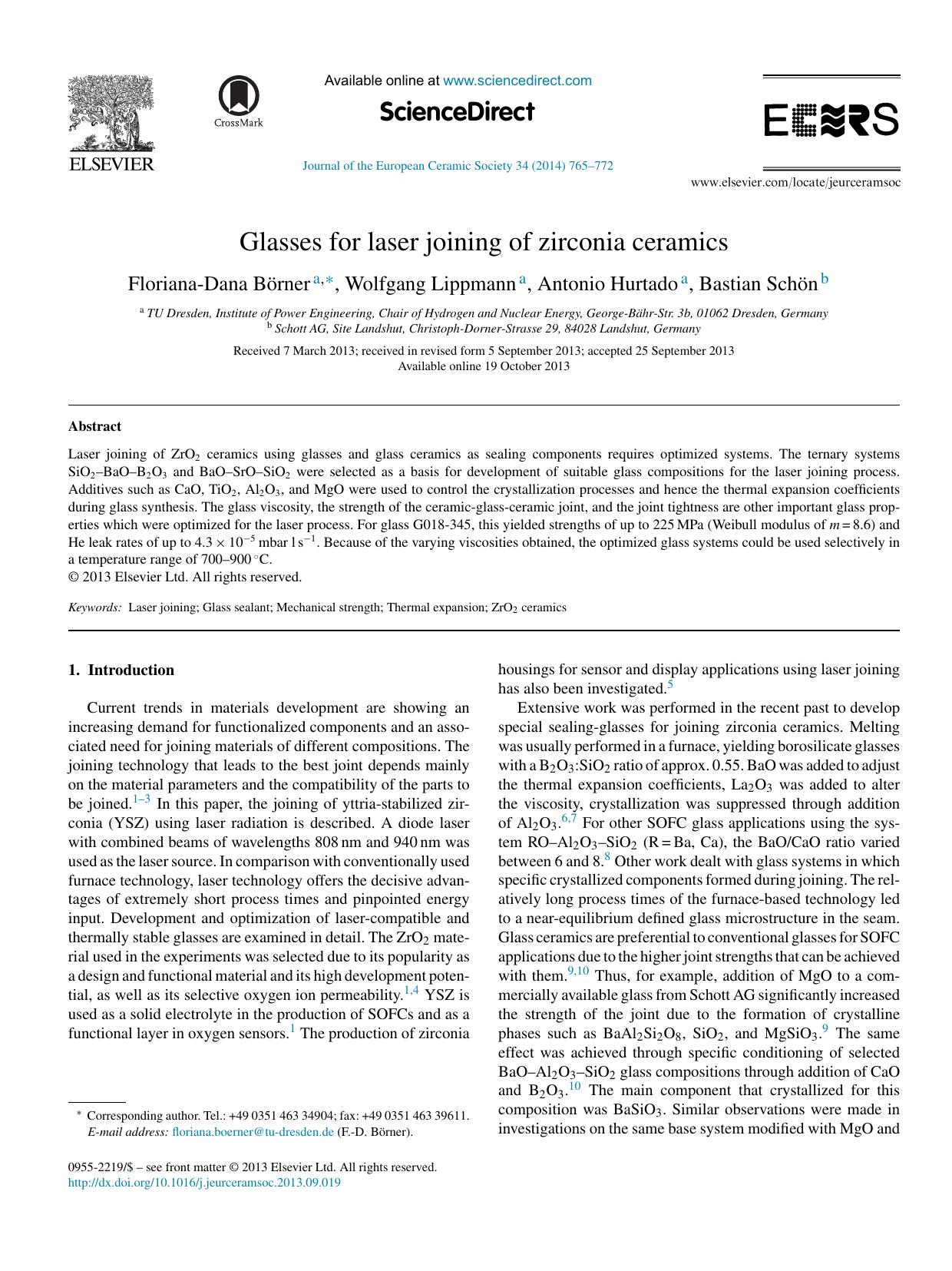 Glasses for laser joining of zirconia ceramics by Floriana-Dana Börner & Wolfgang Lippmann & Antonio Hurtado & Bastian Schön