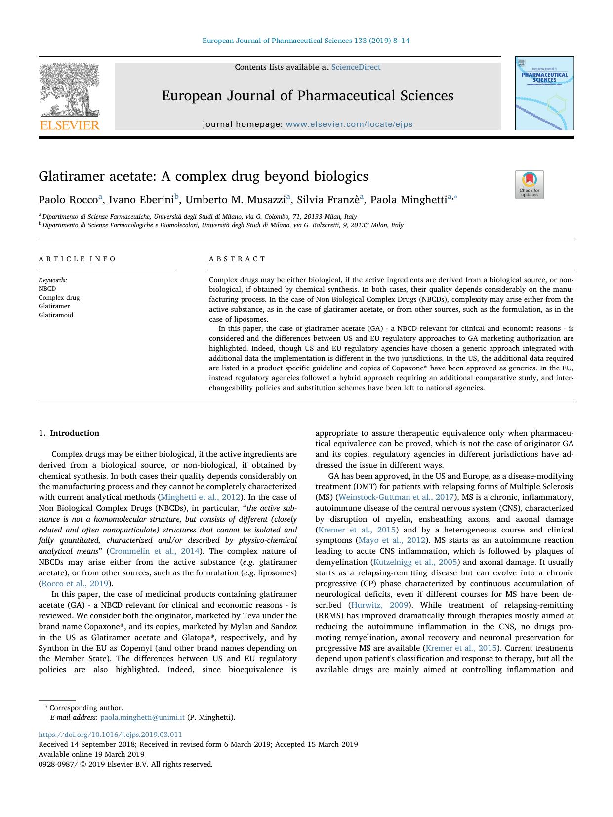 Glatiramer acetate_ A complex drug beyond biologics by Paolo Rocco & Ivano Eberini & Umberto M. Musazzi & Silvia Franzè & Paola Minghetti
