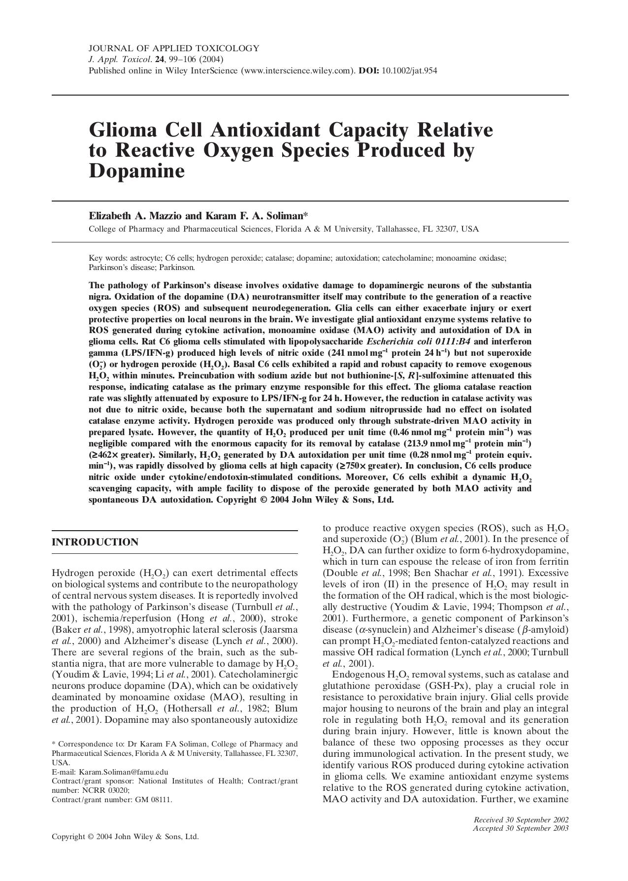 Glioma cell antioxidant capacity relative to reactive oxygen species produced by dopamine by Fu hai tao