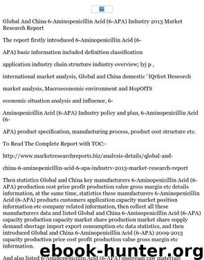 Global And China 6 Aminopenicillin Acid ( 6 APA) Industry 2013 Market Research Report by Market Research Reports
