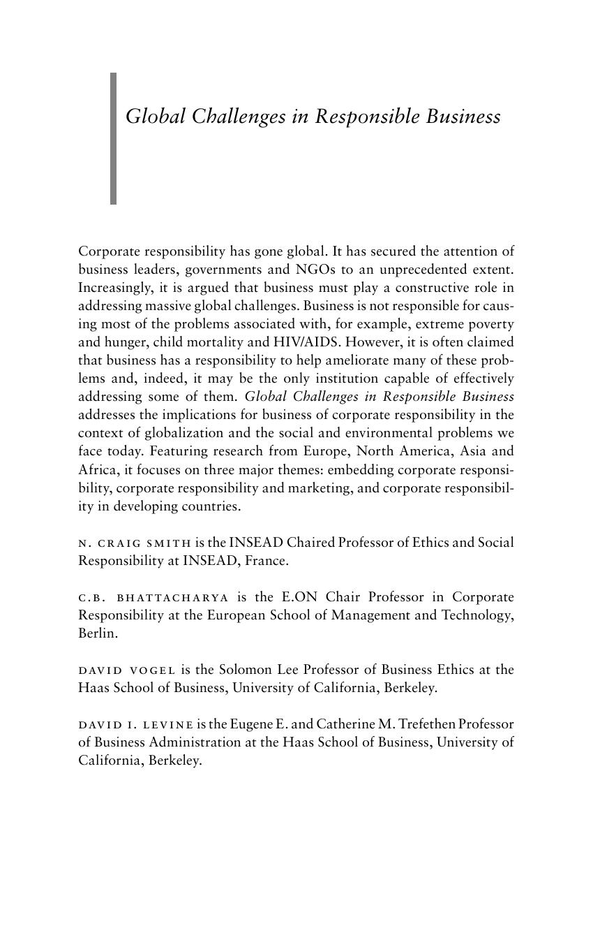 Global Challenges in Responsible Business (repost) by N. Craig Smith C. B. Bhattacharya David Vogel and David I. Levine