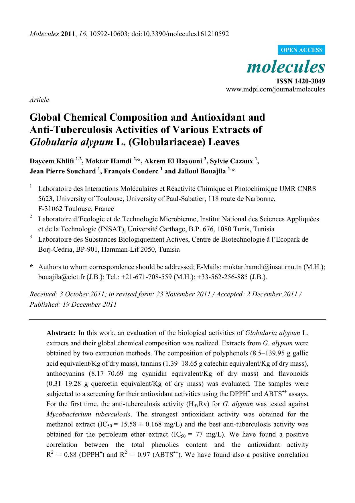 Global Chemical Composition and Antioxidant and Anti-Tuberculosis Activities of Various Extracts of Globularia alypum L. (Globulariaceae) Leaves by unknow