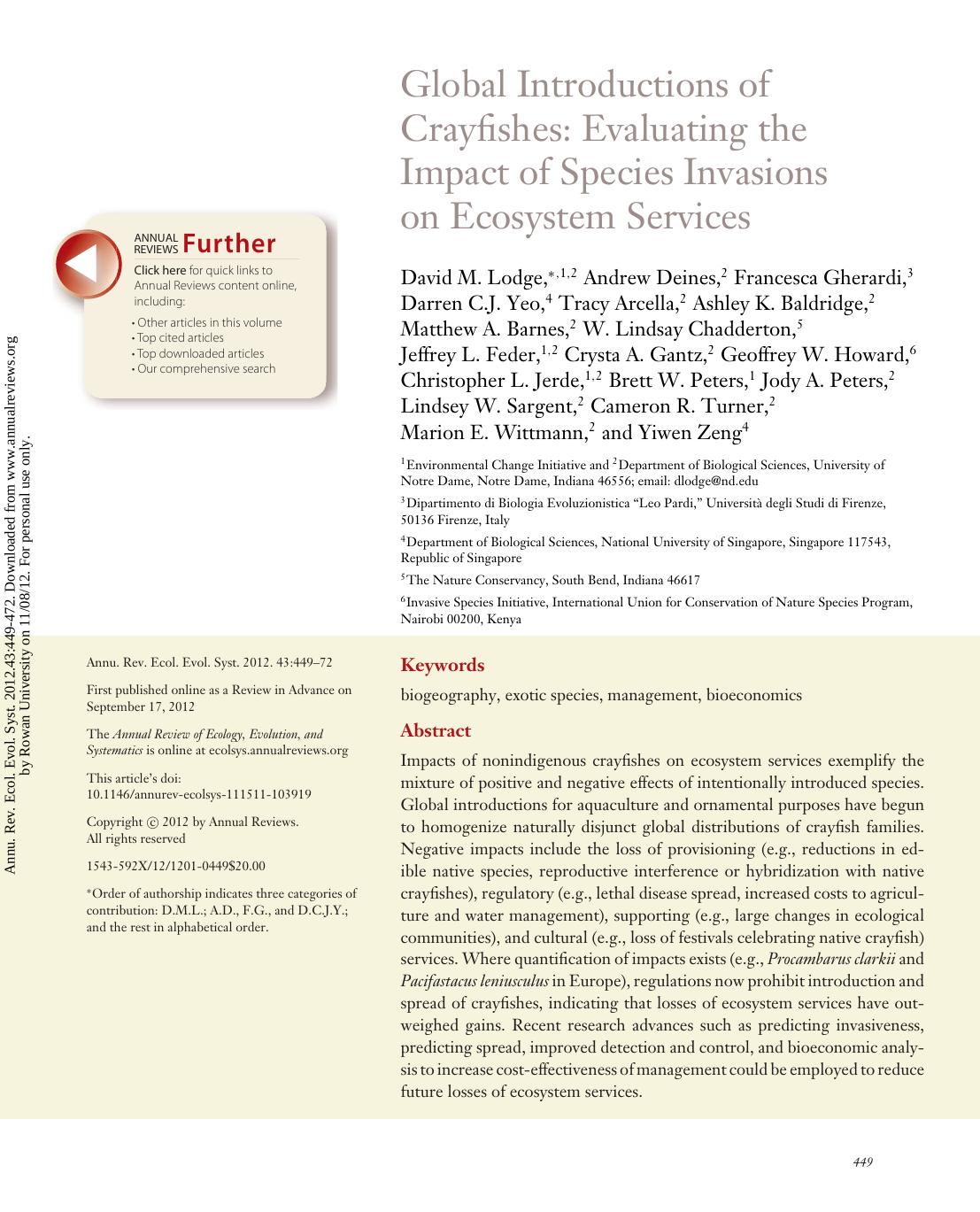 Global Introductions of Crayfishes: Evaluating the Impact of Species Invasions on Ecosystem Services by unknow
