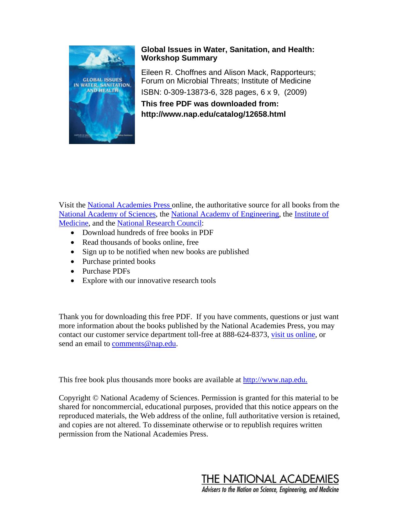 Global Issues in Water, Sanitation, and Health: Workshop Summary by Forum on Microbial Threats Institute of Medicine