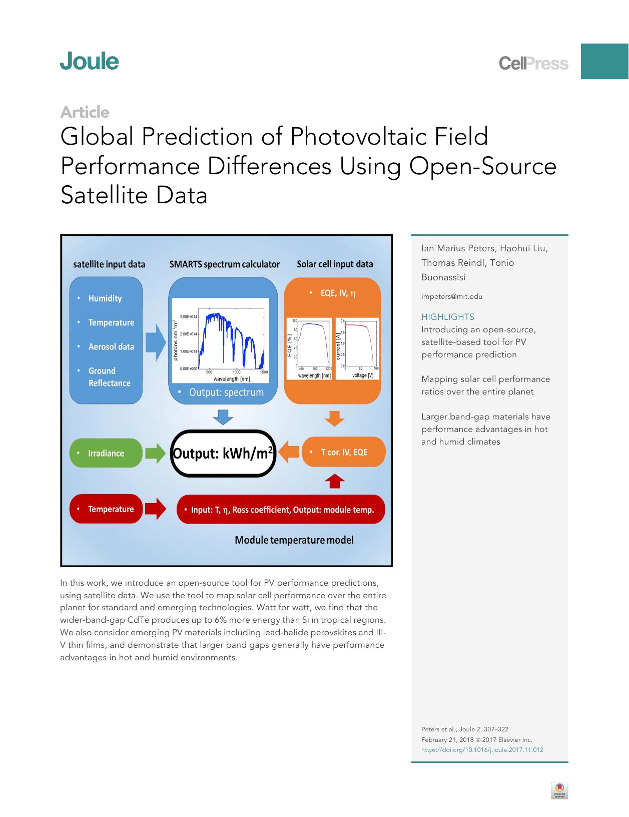 Global Prediction of Photovoltaic Field Performance Differences Using Open-Source Satellite Data by Ian Marius Peters & Haohui Liu & Thomas Reindl & Tonio Buonassisi