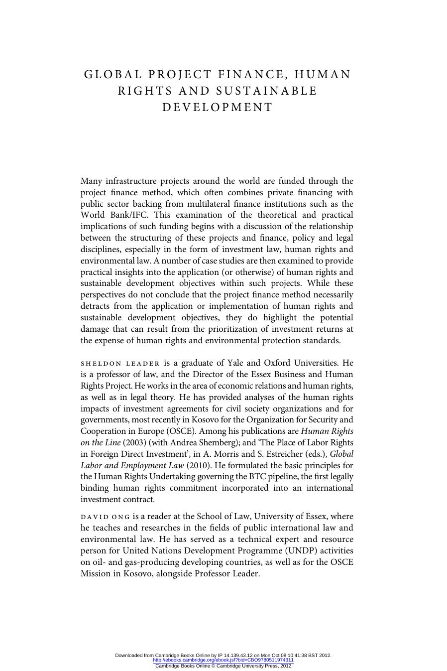 Global Project Finance, Human Rights and Sustainable Development by Sheldon Leader & David Ong