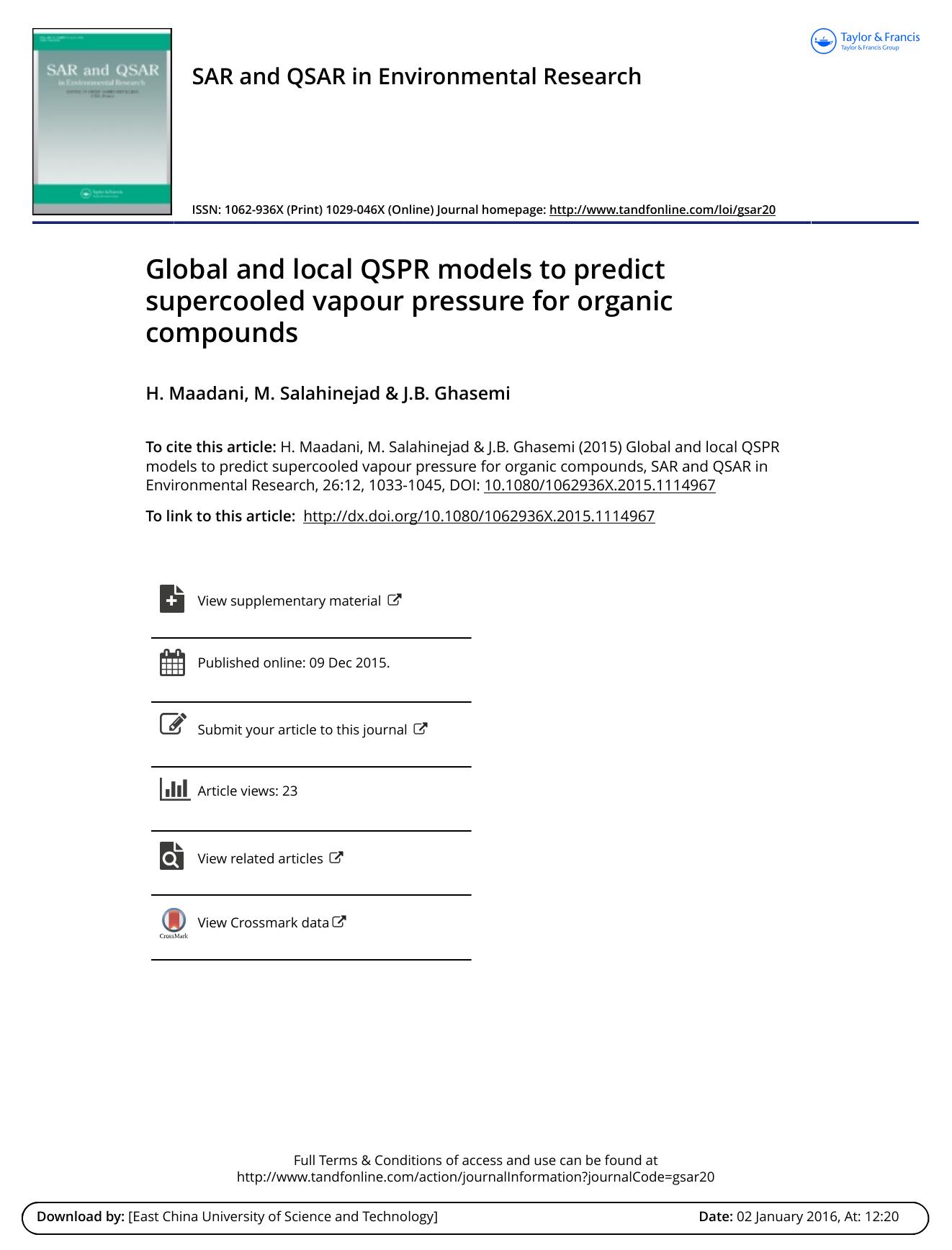 Global and local QSPR models to predict supercooled vapour pressure for organic compounds by H. Maadani