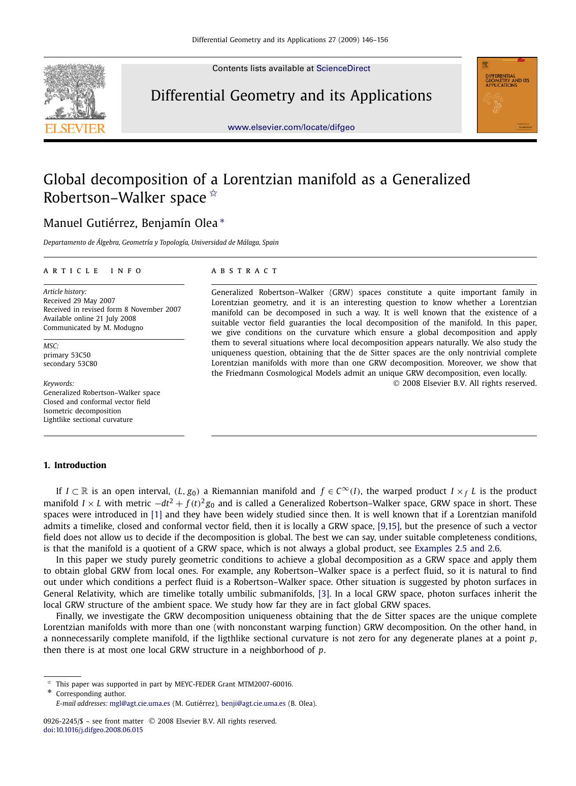 Global decomposition of a Lorentzian manifold as a Generalized RobertsonâWalker space by Manuel Gutiérrez; Benjamín Olea