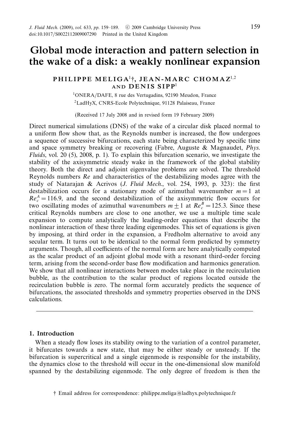 Global mode interaction and pattern selection in the wake of a disk: a weakly nonlinear expansion by PHILIPPE MELIGA JEAN-MARC CHOMAZ DENIS SIPP
