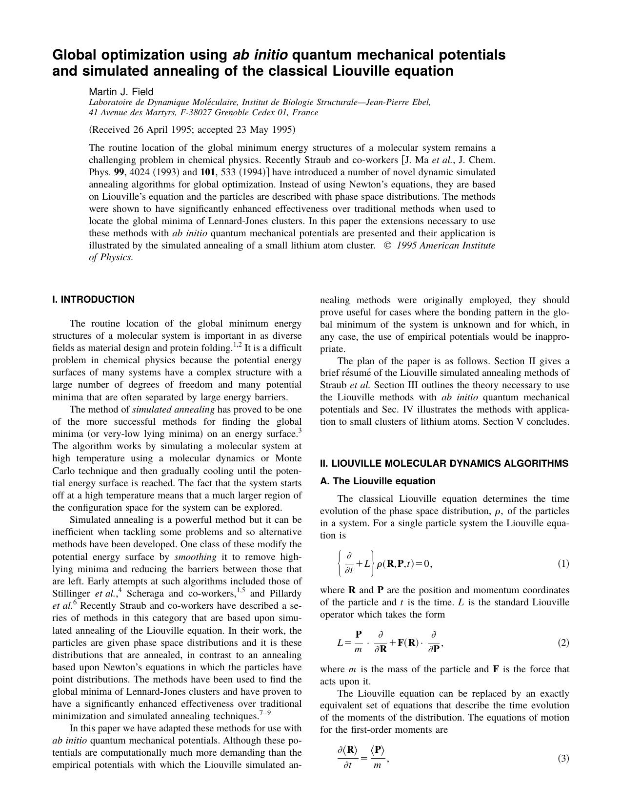 Global optimization using ab initio quantum mechanical potentials and simulated annealing of the classical Liouville equation by Martin J. Field
