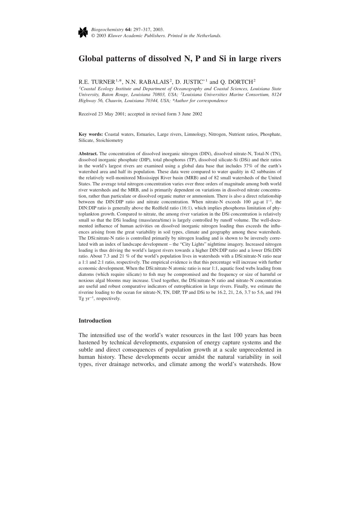 Global patterns of dissolved N, P and Si in large rivers by Unknown
