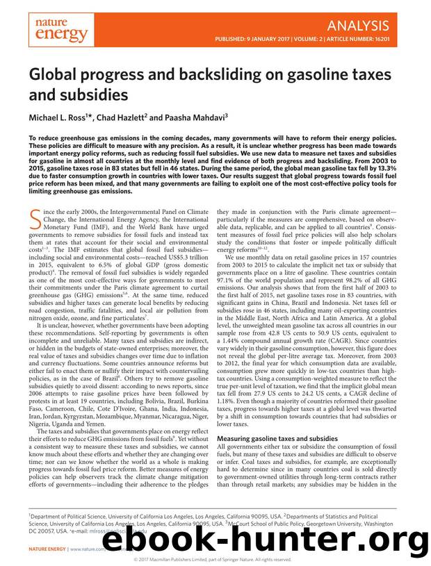 Global progress and backsliding on gasoline taxes and subsidies by Michael L. Ross; Chad Hazlett; Paasha Mahdavi